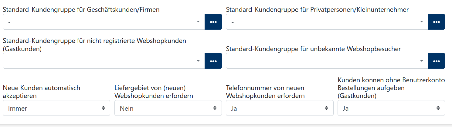 Übersicht der Einstellungen für Kundengruppen, Neukundenannahme und Gastbestellungen