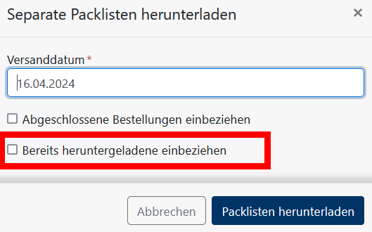 Sammeldownload von Packlisten