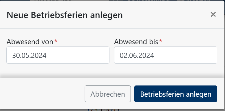 Betriebsferien anlegen