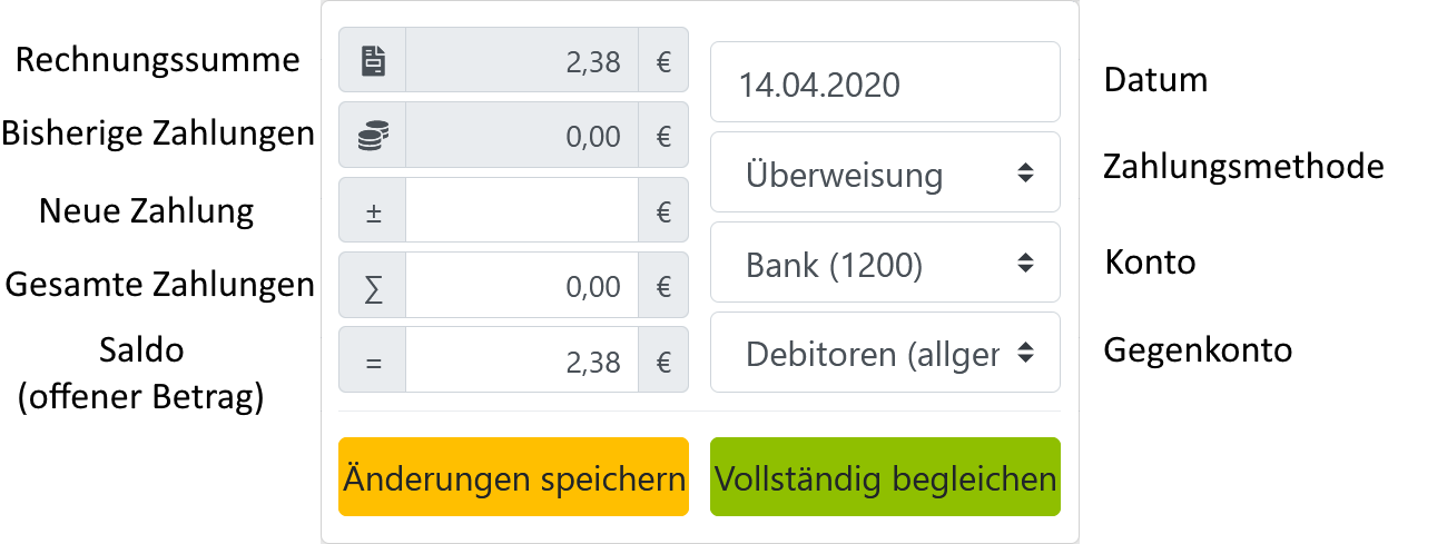 Buchhaltung - Rechnung begleichen Menü