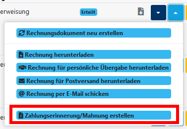 Zahlungserinnerung/Mahnung für einzelne Rechnung erstellen