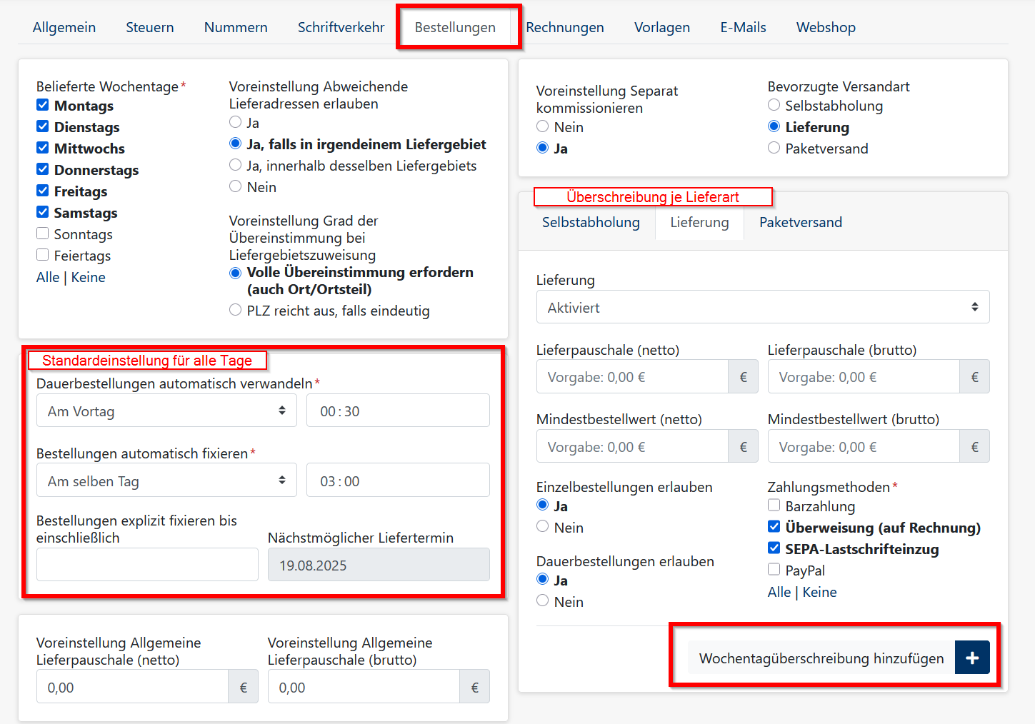 Standardeinstellungen für Bestellschluss und Umwandlung