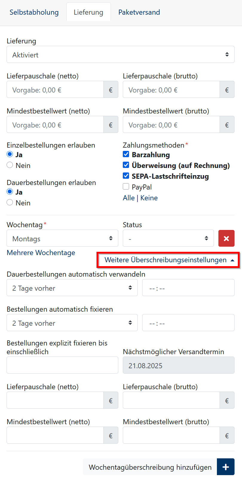 Einstellungen je Lieferart überschreiben
