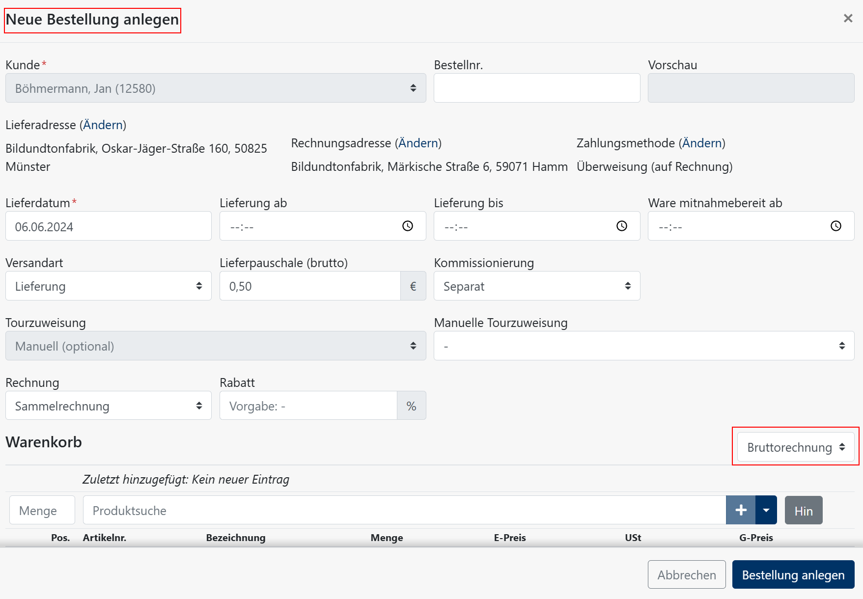 Einzelbestellung Änderung Rechnungsadresse einmalig