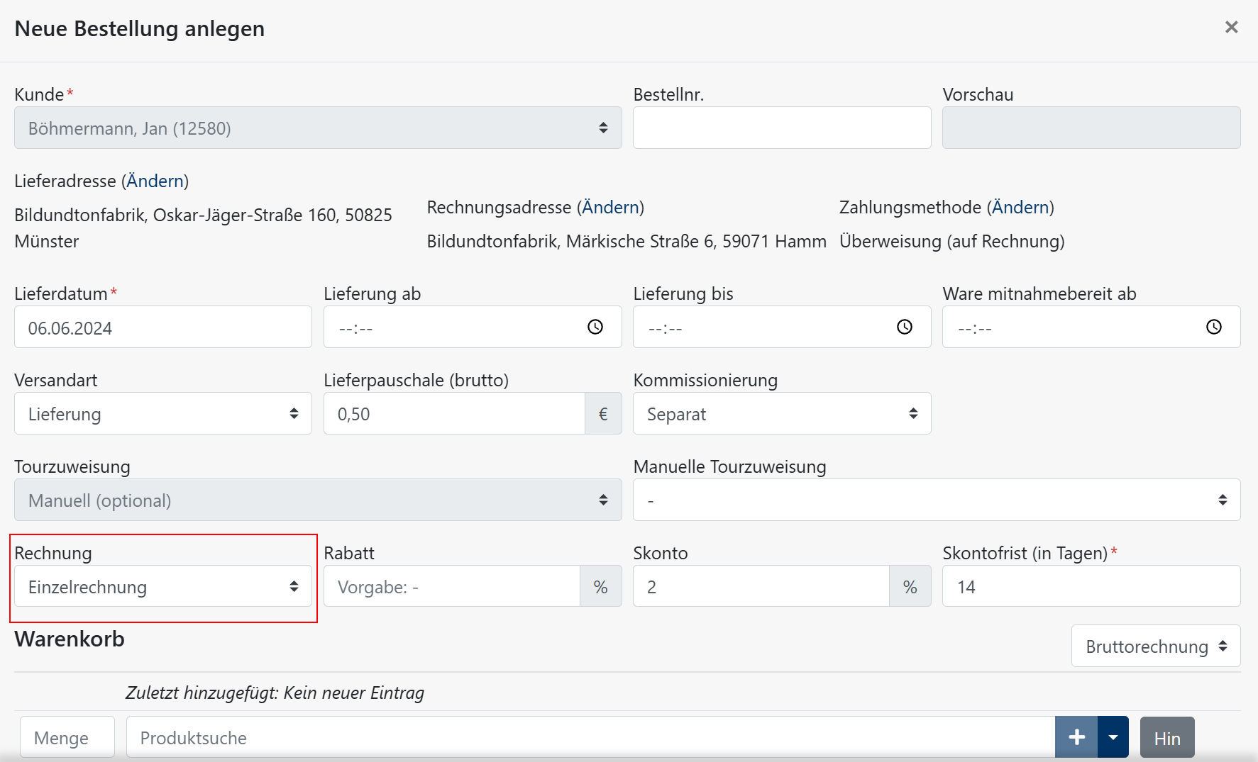 Einzelbestellung Änderung Rechnungsadresse einmalig