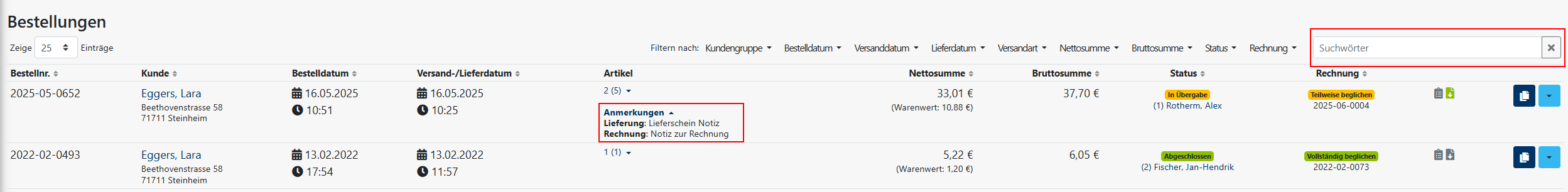 FrachtPilot Kundenprofil Bestellung Anmerkung Notiz Lieferung Bestellung