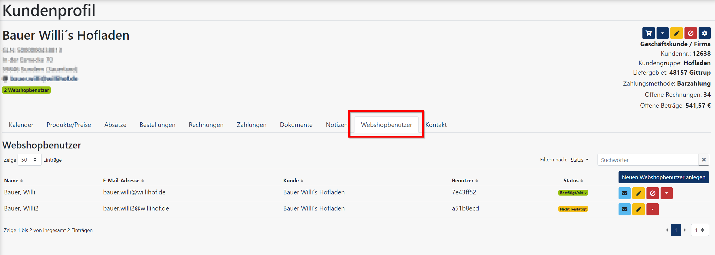 Kundenprofil Reiter Webshopbenutzer