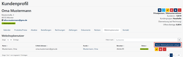 Kundenprofil Webshopbenutzer anlegen Button