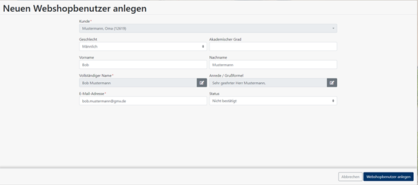 Kundenprofil - Webshopbenutzer anlegen - Formular