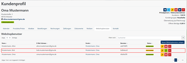 Kundenprofil Webshopbenutzer Auflistung
