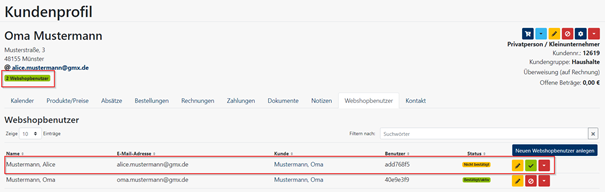 Kundenprofil Webshopbenutzer Anzeige