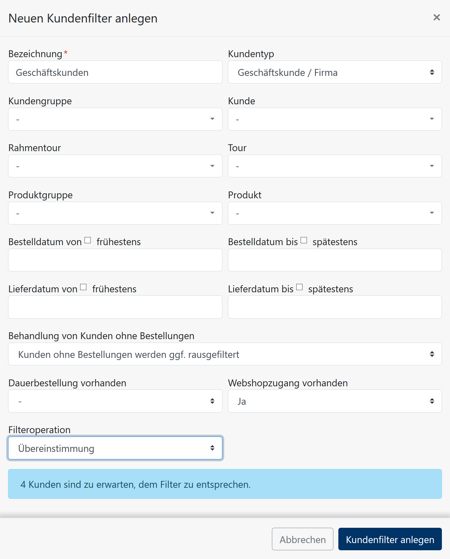 Kundenfilter Maske Neuanlage