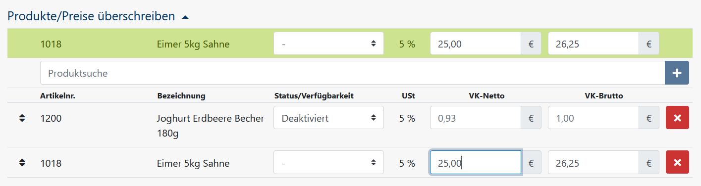 Kundengruppe Produktüberschreibung Preis und Status