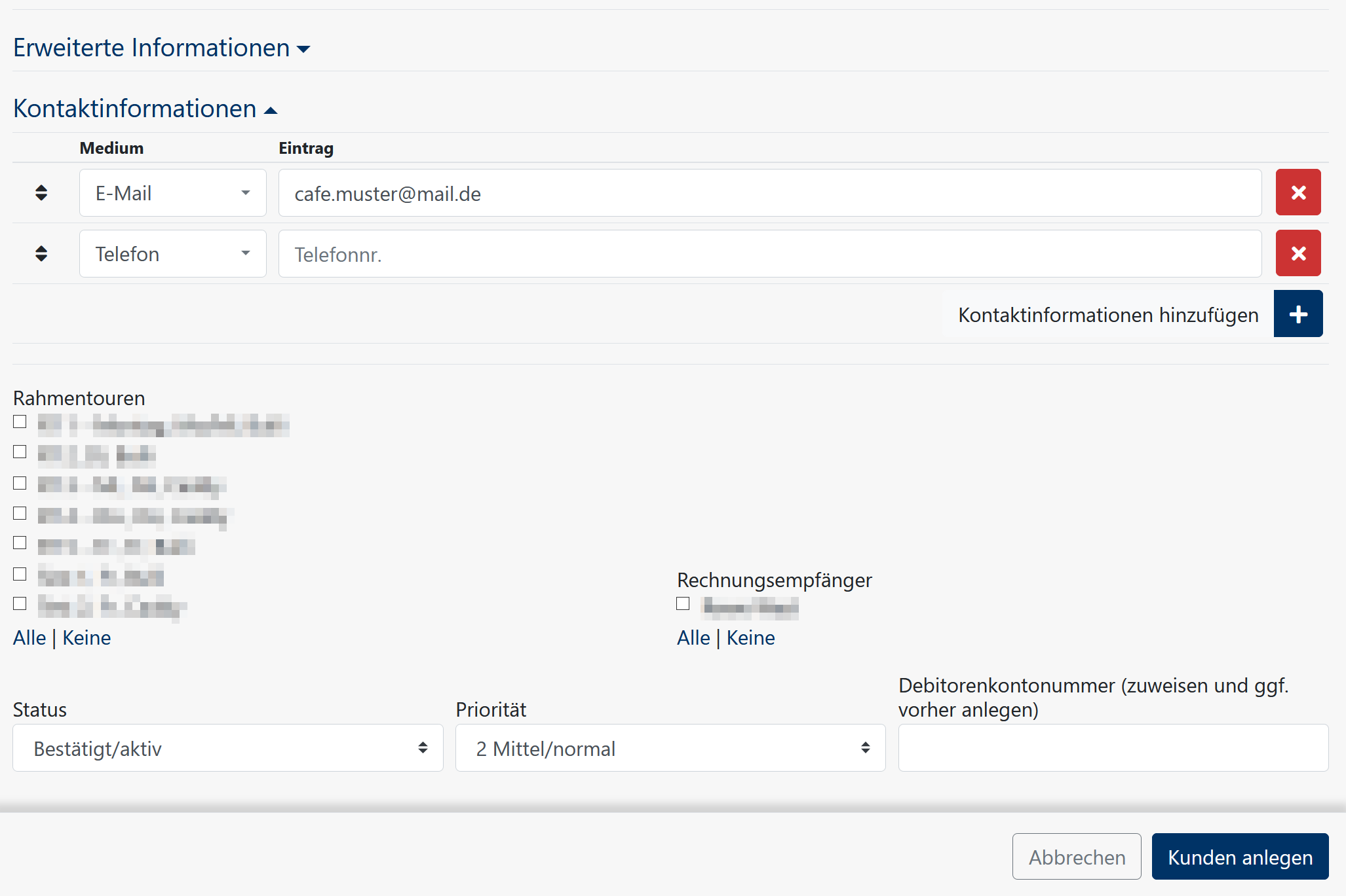 Kundenstammdaten - Verwaltung - Kundenanlage Geschäftskunde - Formular - erweiterte Informationen