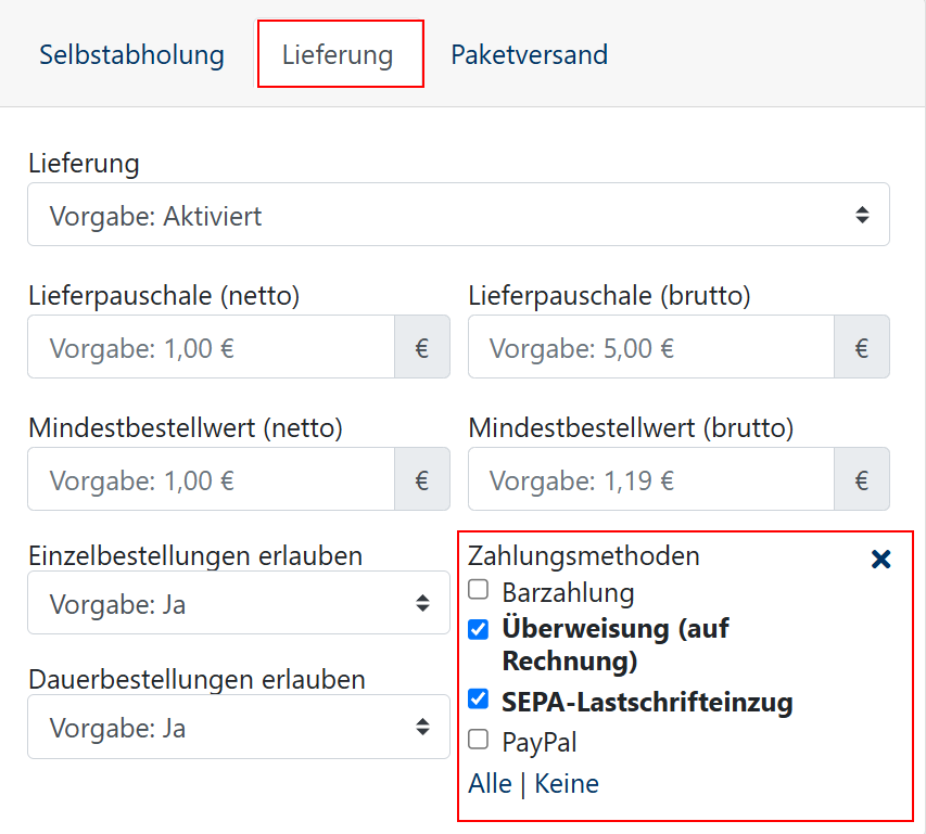 Kundenstammdaten - Verwaltung - Versandart - Zahlungsart