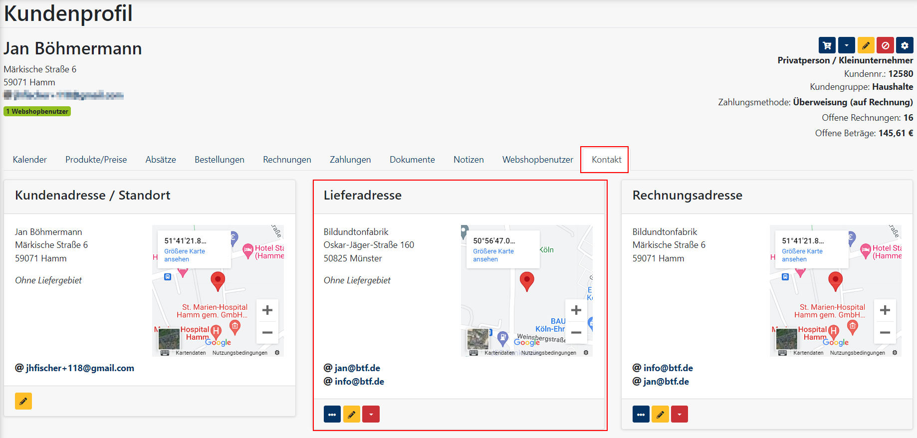 Kundenstammdaten - Verwaltung - Kundenprofil - abweichende Lieferadresse