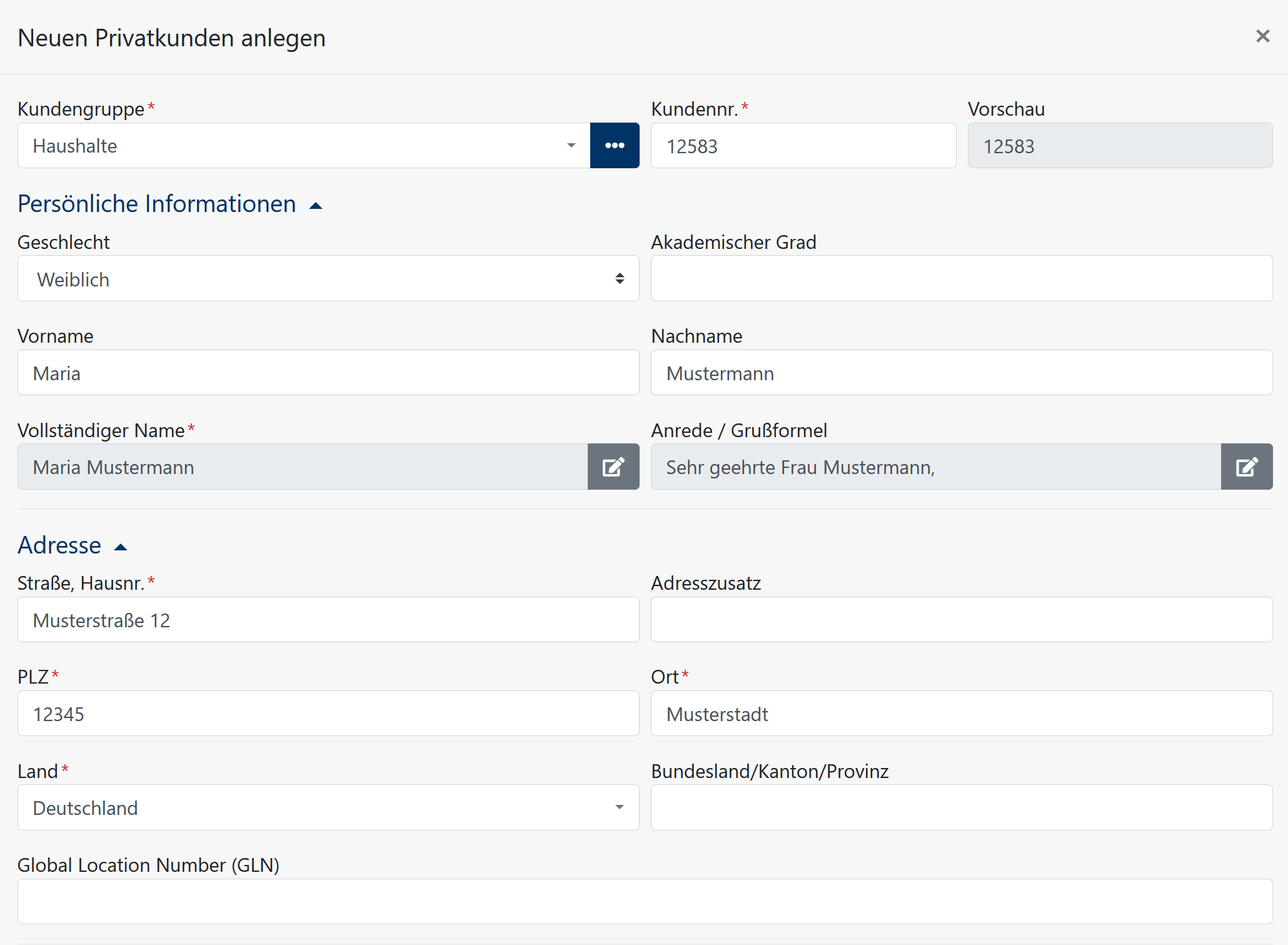 Kundenstammdaten - Verwaltung - Kundenanlage Privatkunde - Formular