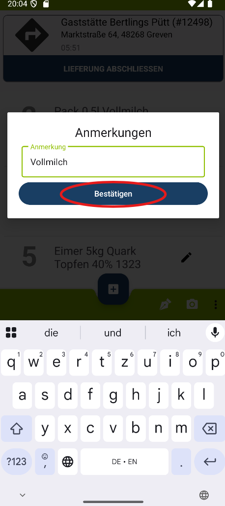 Liefer-App Android Anmerkung bestätigen