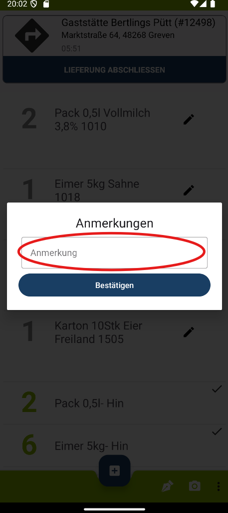 Liefer-App Android Anmerkung eingeben