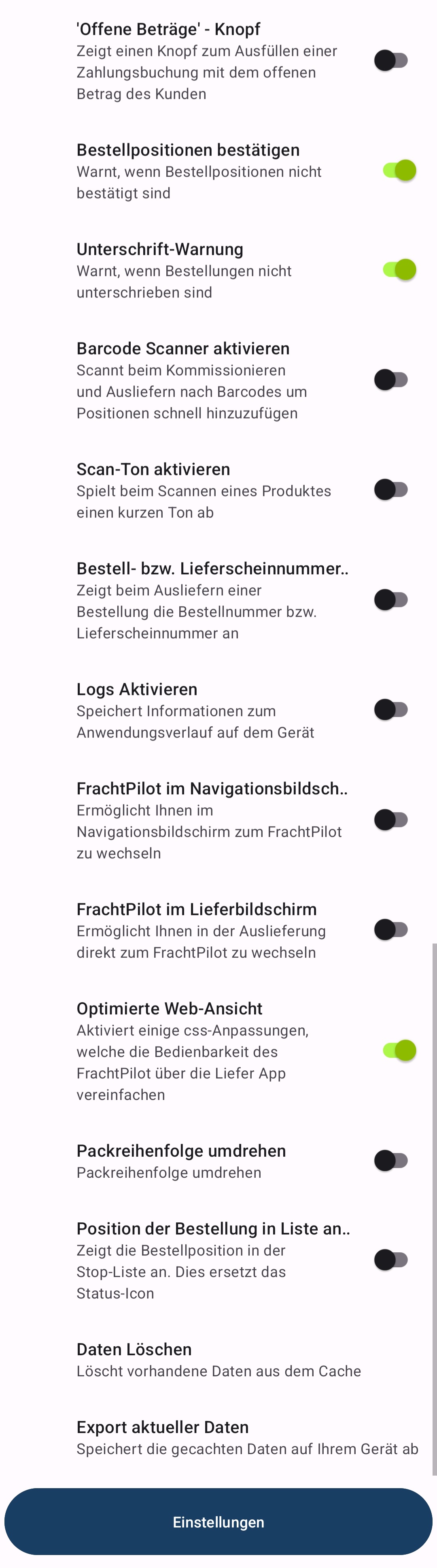 Liefer-App Android Einstellungen