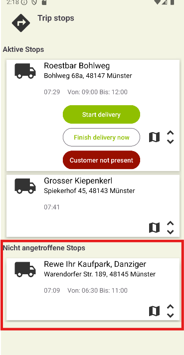 Liefer-App Android Kunden nicht angetroffen Liste