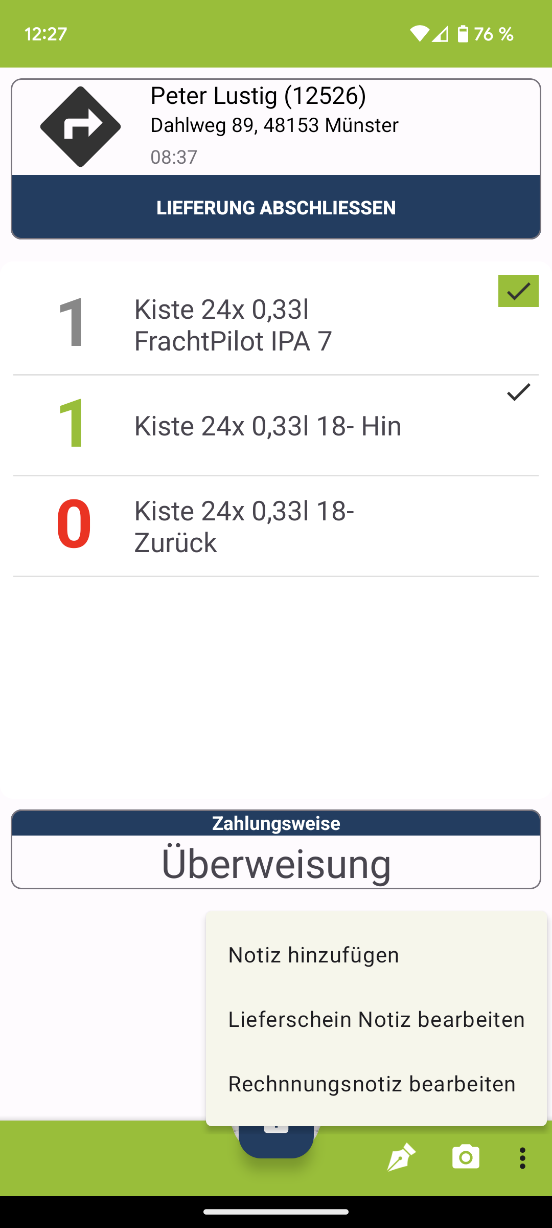 Liefer-App Notizen bearbeiten