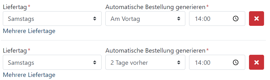 Lieferant Beispiel automatische Bestellung mehrere Bestelltage