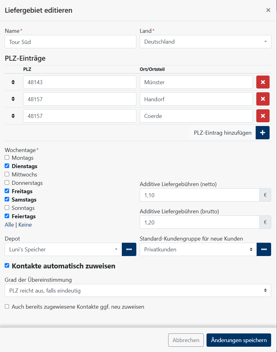 Liefergebiet anlegen - editieren
