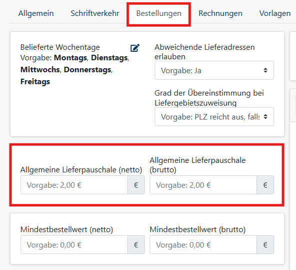 Lieferpauschale Kundeneinstellung