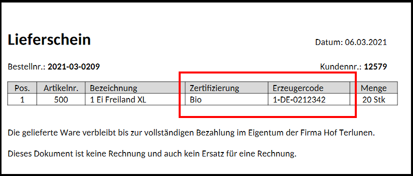 Lieferschein Schlüssel-Wert-Paare