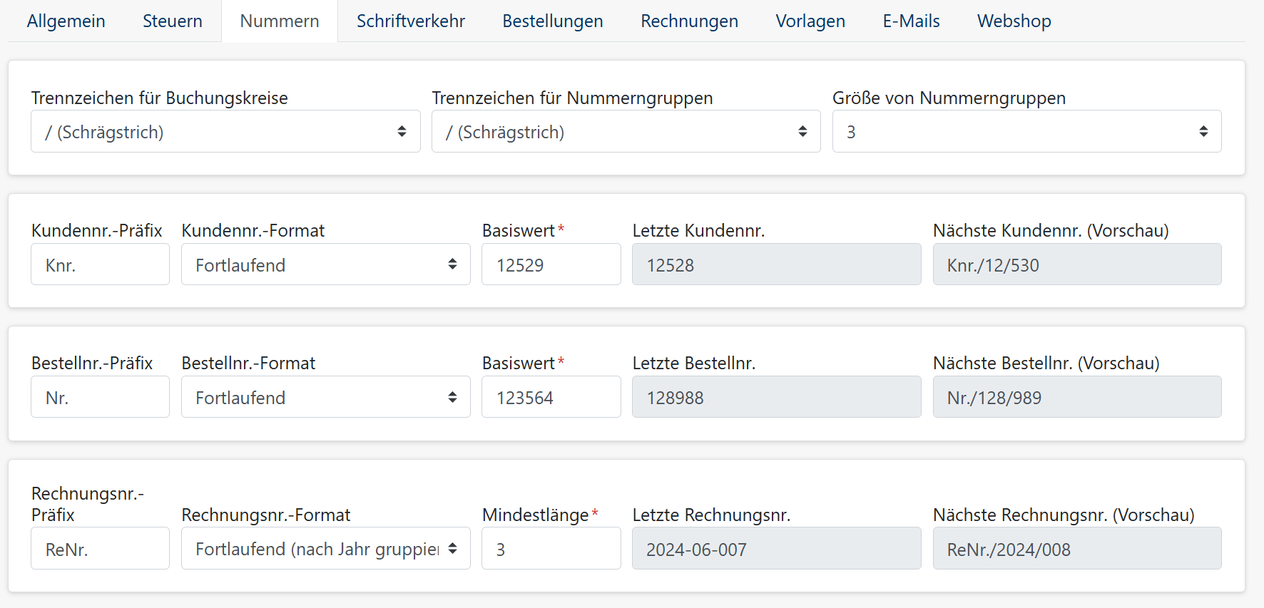 Nummernkreise - Buchungskreis - Kundennummer - Bestellnummer - Rechnungsnummer