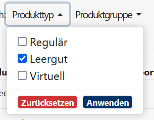 Produkte Filter Leergut