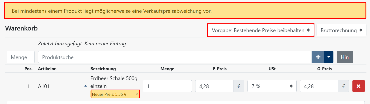 Bestellformular abweichender Verkaufspreis - bestehender Preis beibehalten