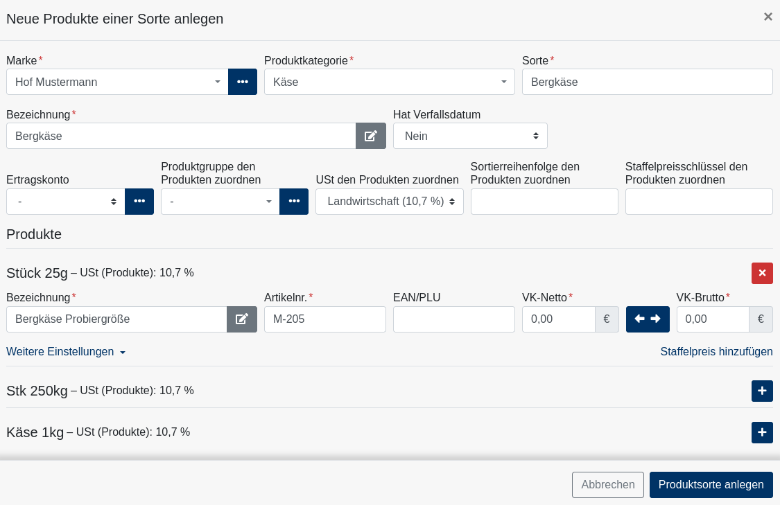 Produktanlage - Sorte