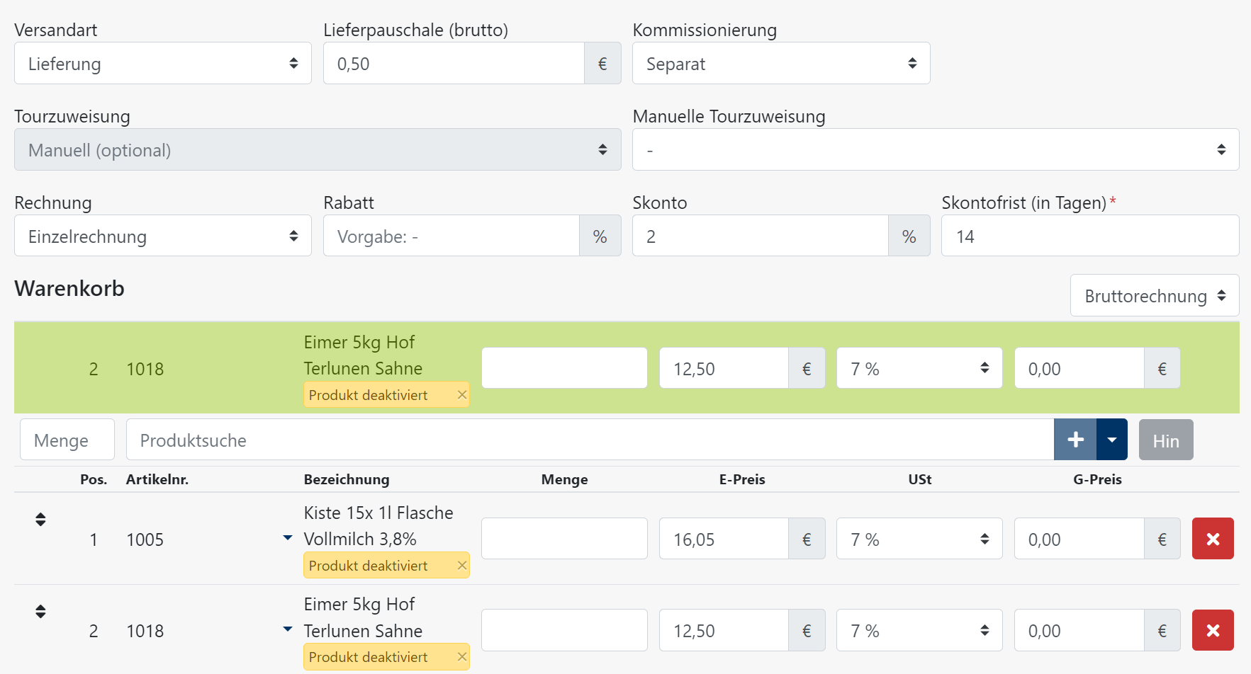 Bestellformular - Warnhinweis - deaktiviertes Produkt