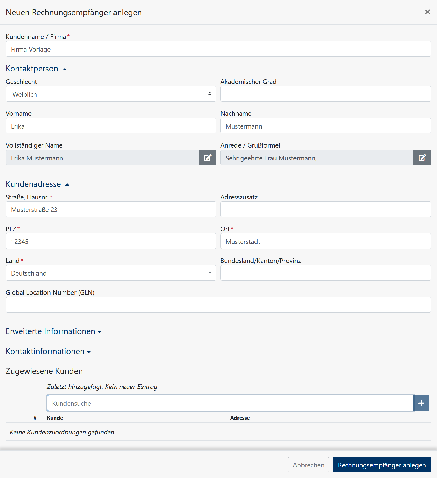 Rechnungen - Konfiguration - Rechnungsempfänger anlegen