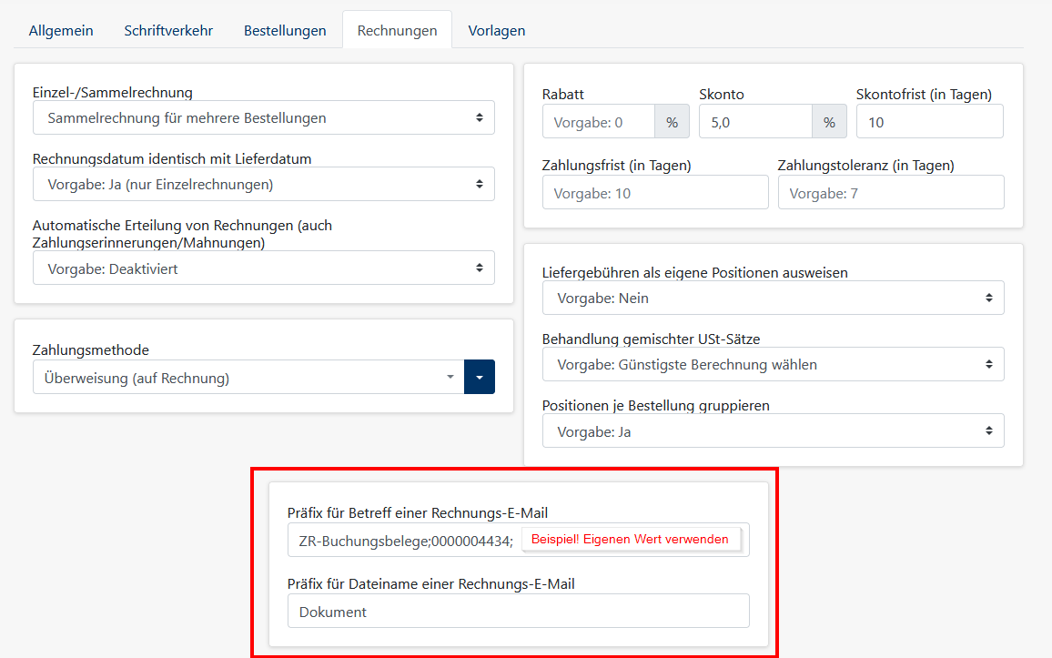 Rechnungen - Konfiguration - Rechnungsempfänger - REWE Präfix