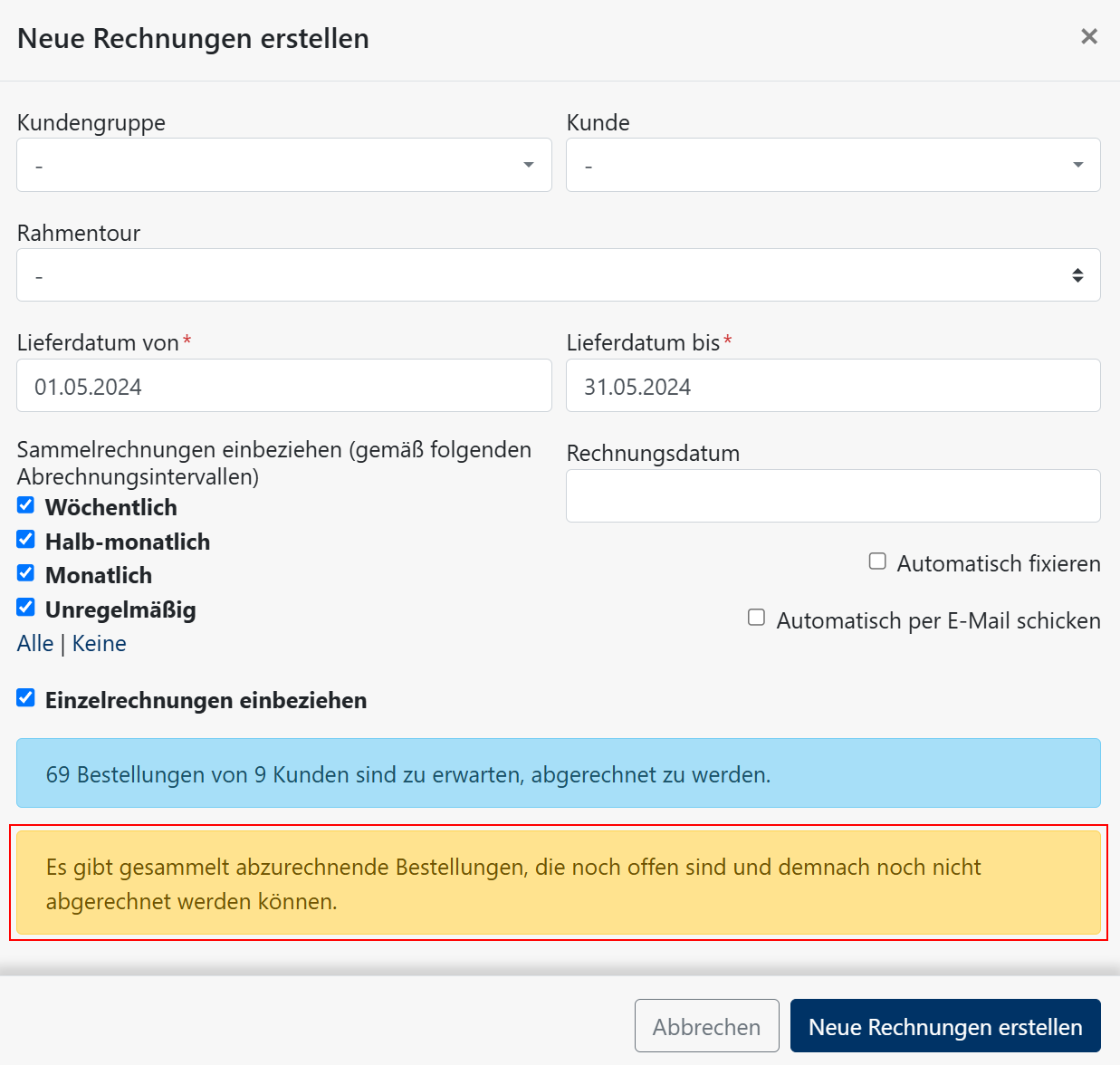 Rechnungslauf - Warnhinweis - offene Bestellungen