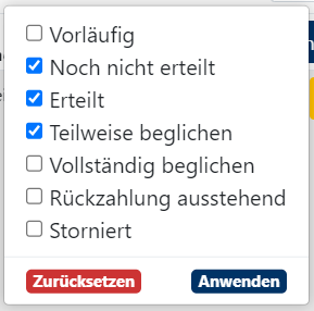 Rechnungen Verwaltung Auswertung Filter