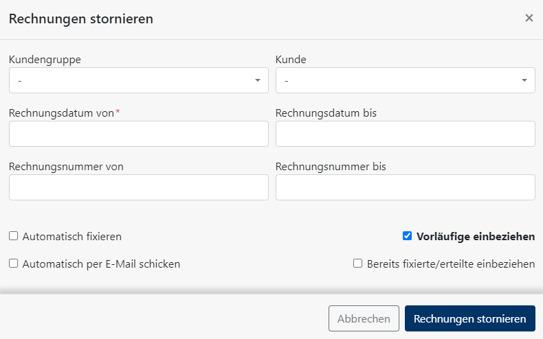 Rechnungen stornieren - Formular