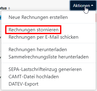 Rechnungen stornieren - Menü