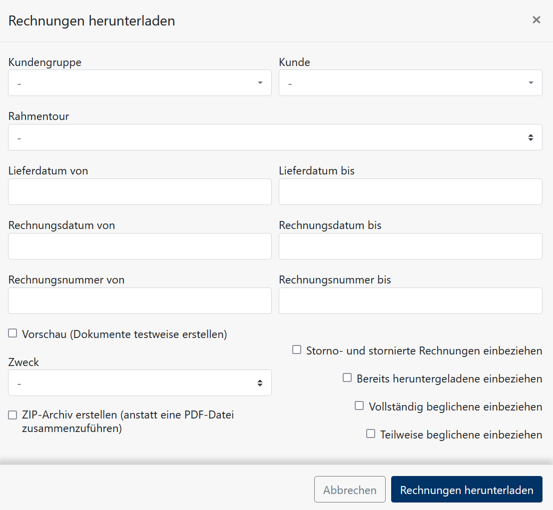 Rechnungen herunterladen - Formular