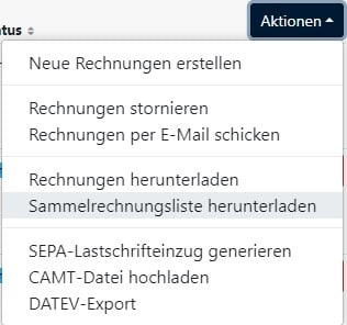 Rechnungen - Sammelrechnungsliste downloaden - Menü