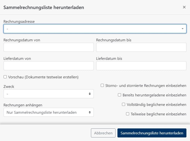 Rechnungen - Sammelrechnungsliste downloaden - Formular