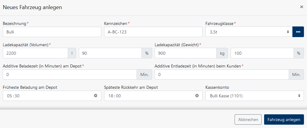 Tourenplanung - Anlage neues Fahrzeug