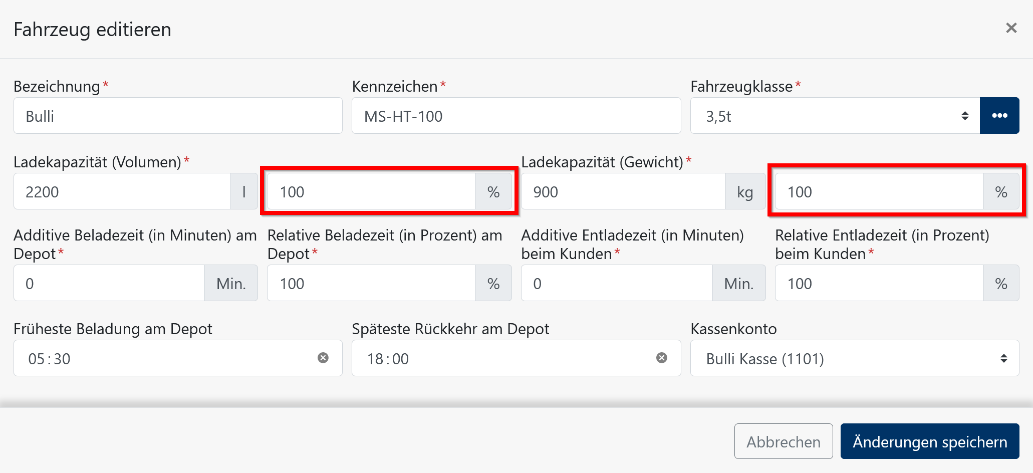 Tourenplanung - Fahrzeug editieren - Fahrzeugkapazität