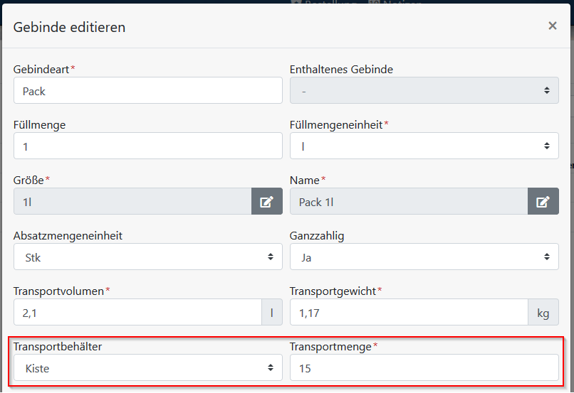 Gebinde editieren - Transportbehälter