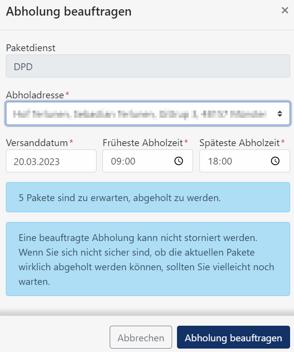 Paketversand - Abholung beauftragen Menue