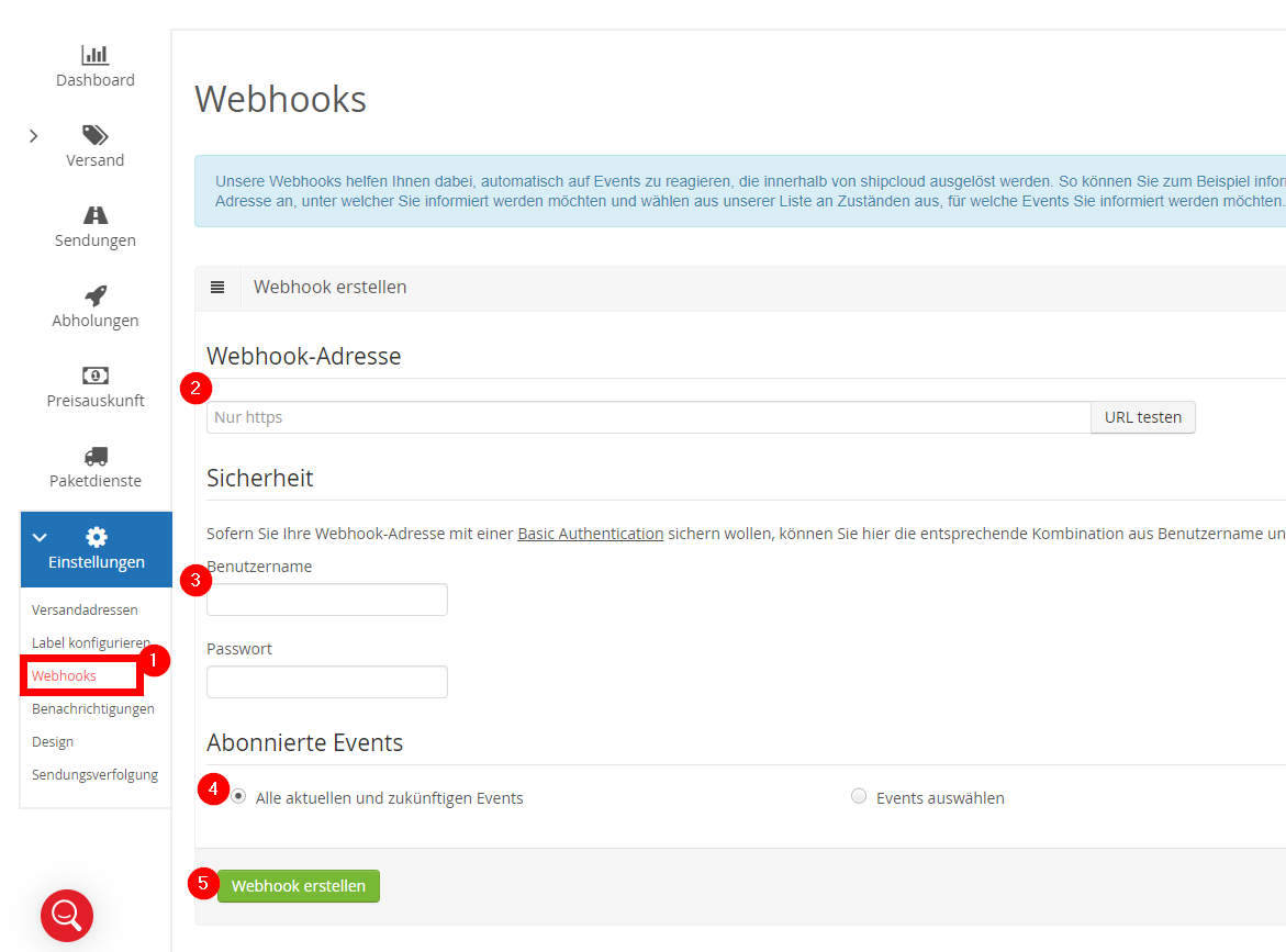 Paketversand - Shipcloud - Webhook