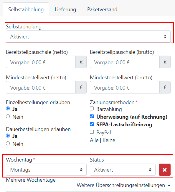 Versandart Selbstabholung Einstellungen